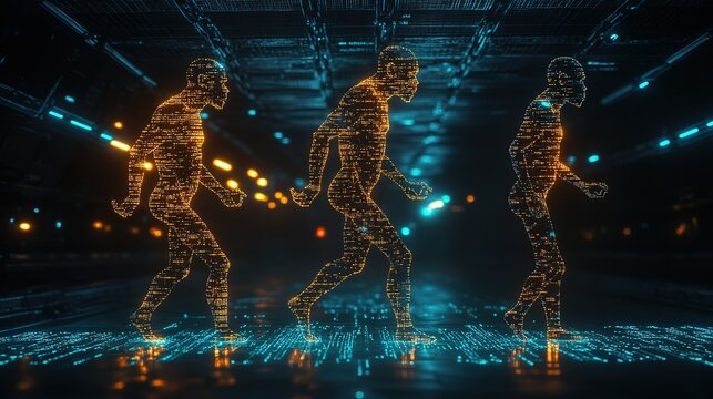 Digital Evolution of Humanity: Silhouettes of Human - like Figures from Primate to Modern on Tech - inspired Background
