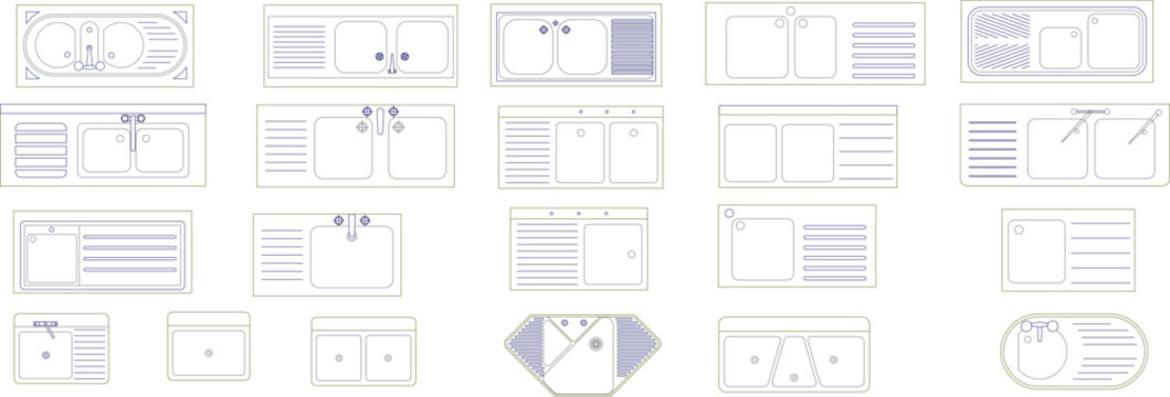 Minimalist top view vector illustration set of modern kitchen sink icons, featuring linear geometric designs and multiple basins