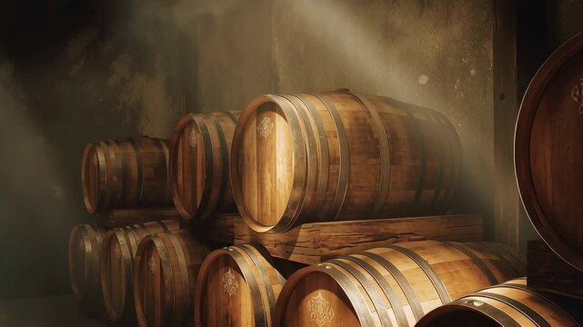 Oak wine barrels stacked in a traditional cellar with warm sunlight beams creating an atmospheric scene of aging, craftsmanship, and winery tradition.