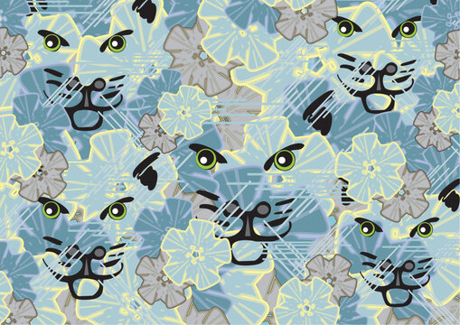 Camouflage backdrop with cat heads and floral motifs. Textured backdrop for fashion trends, business concepts, covers, scrapbooking, interiors, tiles, prints, textiles, fabrics, dynamic posters