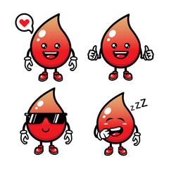 Set of cute blood drop mascot designs.