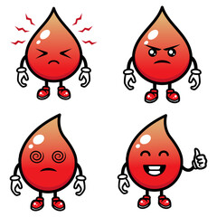 Set of cute blood drop mascot designs.