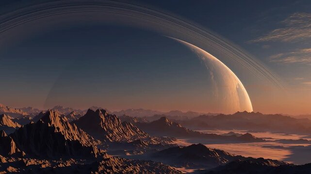 Epic sci fi alien landscape at sunrise with massive ringed planet in the sky, dramatic mountains and atmospheric light creating a sense of cosmic exploration and otherworldly beauty.