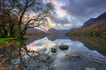Beautiful autumn at the Buttermere lake in the Lake District National Park. England, UK