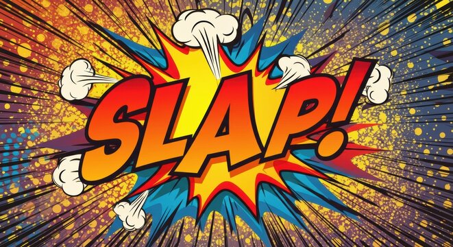 Comic slap burst with explosive colors and bold typography in motion action