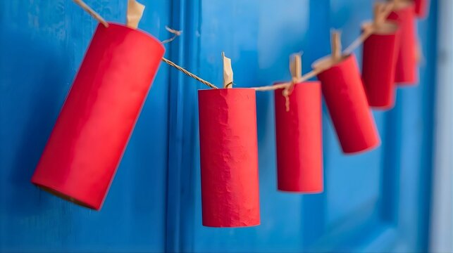 String of firecrackers made of red painted cardboard rolls