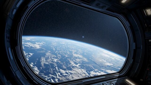 View of planet Earth through a spacecraft window with blue atmosphere, clouds, and deep starry space, representing space travel, exploration, and futuristic perspective.
