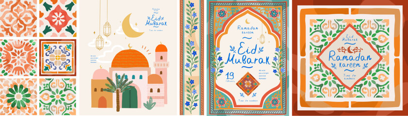 Ramadan Kareem. Eid Mubarak. Vector cute illustrations of a mosque,tile, ornament, crescent moon, mosaic, frame, pattern, and lantern for greeting card, invitation, poster and background © Ardea-studio