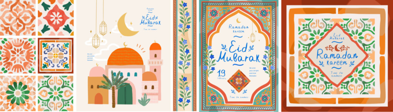 Ramadan Kareem. Eid Mubarak. Vector cute illustrations of a mosque,tile, ornament, crescent moon, mosaic, frame, pattern, and lantern for greeting card, invitation, poster and background