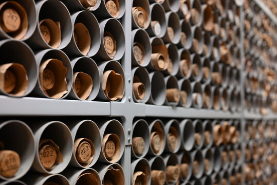 Old document scrolls in archive storage 