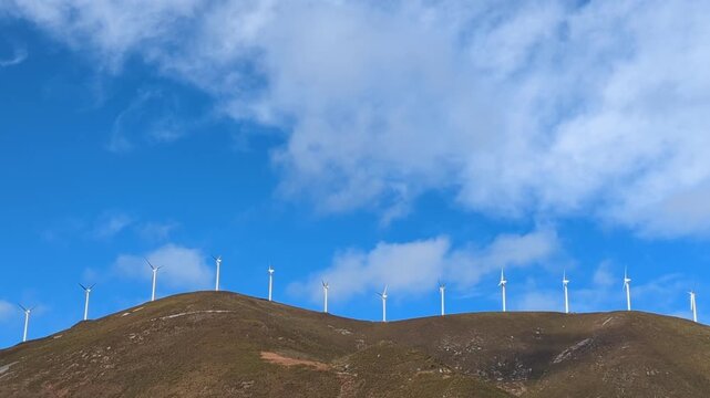 Turbines of a wind energy plant in Sierra de Begega, the municipality of Belmonte de Miranda, Asturias, Spain