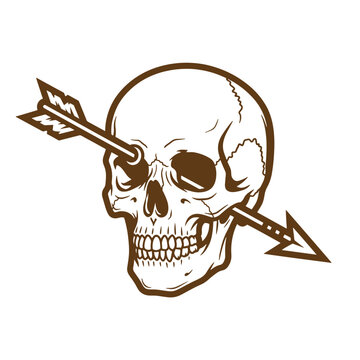 Vintage Grunge skull with arrow piercing through eye socket symbol for danger or violence against human skulls and bones in a symbolic way