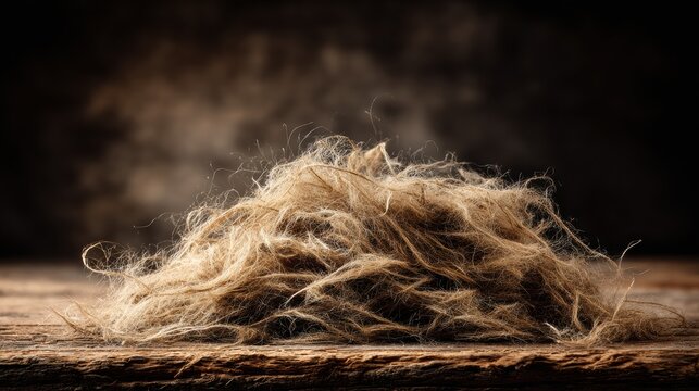 Rich textured display. Sustainable hemp material showcase. Detailed image emphasizing natural hemp fabric. Commercial photograph capturing depth and tactile feel of hemp fibers on wooden background