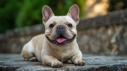 Happy french bulldog lounging outdoors on a sunny day.
