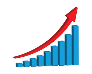 3D business bar chart with red rising arrow isolated on white background. Blue financial graph showing growth, success and profit increase. Vector illustration for economic analysis or market progress