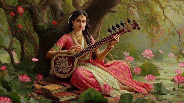 Indian woman playing sitar under a tree surrounded by lotus flowers, serene traditional music scene inspired by classical Indian culture and art.