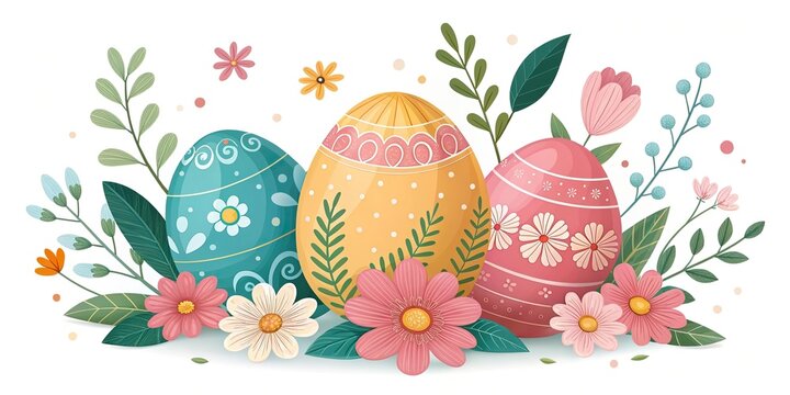 Happy Easter spring landscape with decorated eggs flowers and meadow scene.