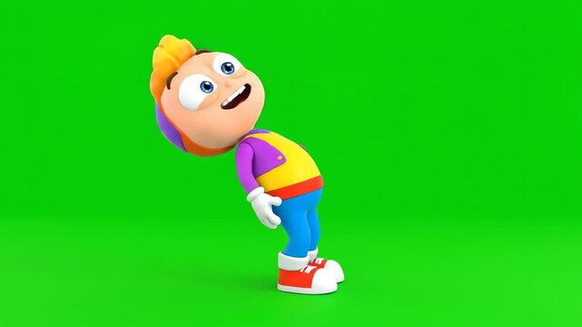 A cheerful cartoon character in a purple shirt, yellow and red hat, blue pants, and red shoes, presented on a green screen background. Great for memes, social media posts, and online
