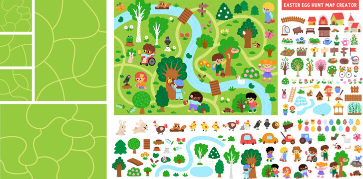 Easter egg hunt map or scene creator. Set of cartoon elements for constructing spring holiday activity page. Vector clipart with roads, trees, eggs, houses, bunny, garden and forest infographics
