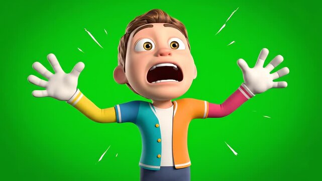 A cartoon boy with a shocked expression and outstretched arms standing on a green screen background. Perfect for memes, social media posts, and presentations.