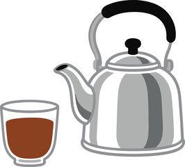 Obraz premium Polished silver tea kettle with a small glass of hot tea, clean flat vector illustration