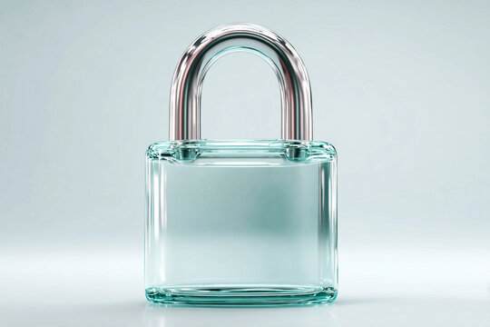 A transparent glass padlock with a shiny metal shackle against a light grey background, highlighting its design and material details.