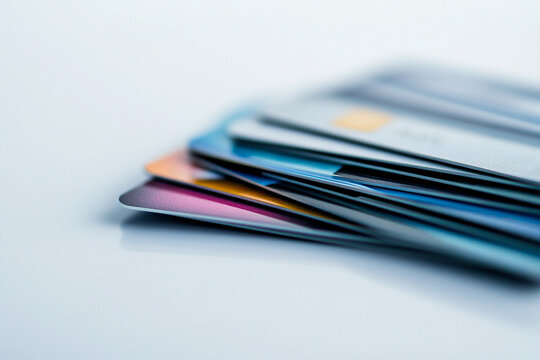 A stack of credit and debit cards arranged with various colors and designs on a light background, showcasing their glossy surfaces and layered textures.