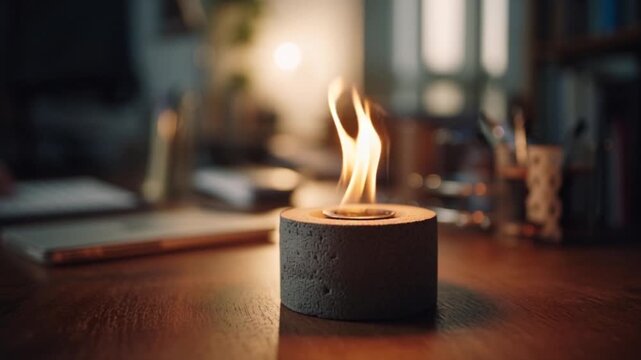 Candle Flame Burning on Wooden Table.
