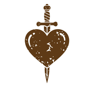 Vintage Grunge heart pierced by sword dagger symbol of love and pain  heart with dagger through it