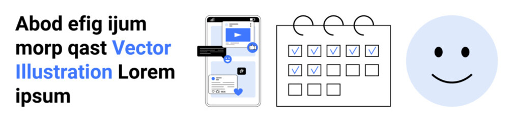 Fototapeta premium Productivity tools, task organization, digital communication, scheduling, workflow management, user experience. Smartphone interface, calendar with checkboxes and a smiling face. Productivity tools