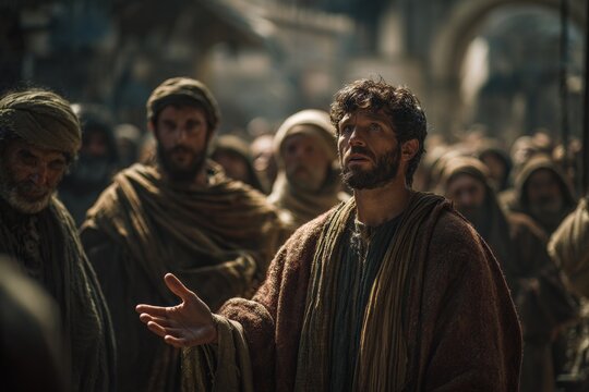 Biblical scene of Paul preaching in a public marketplace with Barnabas present as a disabled listener watches.