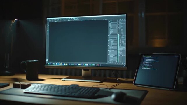 Dark Office Desk with Computer and Lamp.