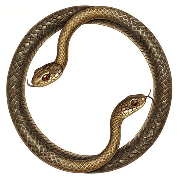 Circular illustration of two intertwined snakes isolated on white background