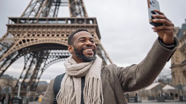 Smiling tourist taking a selfie near the Eiffel Tower in Paris, joyful travel moment, urban sightseeing, modern lifestyle, international tourism concept.