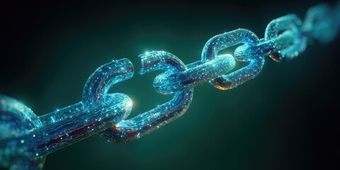 Glowing, digital-style chain, partially broken, with an ethereal blue glow against dark teal