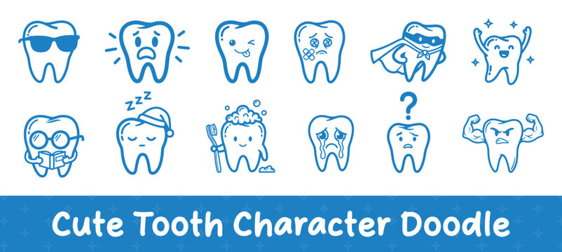 cute tooth character doodle icons set with funny cartoon dental expressions vector illustration