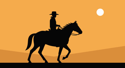 Naklejka premium A solitary horseman in a cowboy hat rides his horse across a desert plain at sunset.