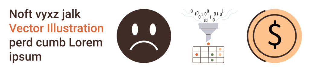 Fototapeta premium Data processing, financial management, sentiment analysis, decision-making, cost reduction, digital systems. Sad face, binary funnel grid dollar sign. Data processing and financial management