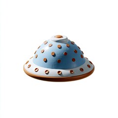 Rendered, whimsical, light blue hat with brown polka dots and details, isolated on white