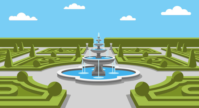 A beautifully manicured formal garden features a grand tiered fountain surrounded by symmetrical hedges and pathways under a clear blue sky.