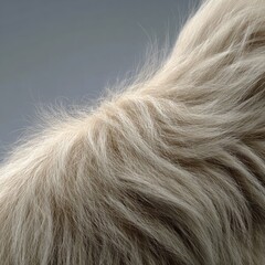 Close-up of a shaggy, light-colored animal fur against a muted gray background