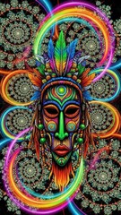 Obraz premium Colorful mask with intricate design: A captivating piece of art, showcasing a vibrantly colored mask adorned with intricate designs, feathers, and a mesmerizing aura.