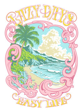 Retro coastal illustration blending nature and decorative typography, perfect for a laid back, escapist lifestyle aesthetic