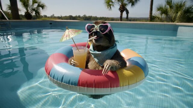 Cute animal enjoys summer fun in pool with float and drink near palm trees in bright sun