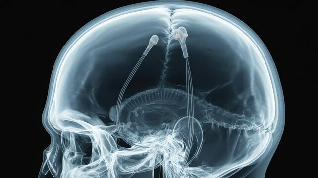 Human head x ray side view with two implanted brain electrodes and connecting wires in medical imaging