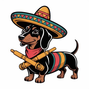 Cute dachshund wearing colorful sombrero and holding wooden claves on light background in festive Mexican celebration atmosphere