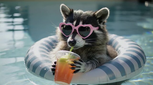 Raccoon enjoys drink while floating in pool during sunny day