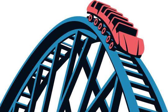 A cartoon illustration of a red roller coaster train climbing to the top of a blue roller coaster track