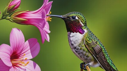 Fototapeta premium Hummingbird's Nectar Feast: A vibrant hummingbird delicately probes a pink flower, its long beak perfectly adapted for sipping nectar, a harmonious blend of nature's beauty and avian grace.