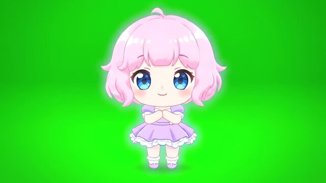A cute anime-style cartoon girl with pink hair and a purple dress standing on a green screen background. Great for memes, presentations, and social media content.
